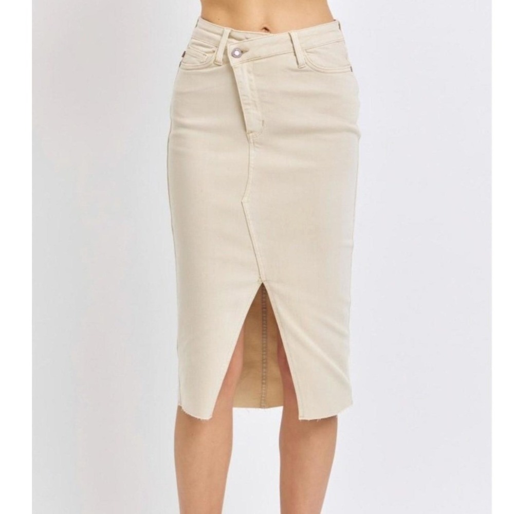 Judy Blue High Waist Garment Dyed Criss Cross Denim Midi Skirt Khaki Medium